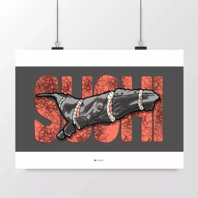 Affiche artistique Sushi CAC représentant une baleine sur fond de lettrage rouge