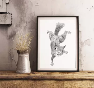 Affiche déco noir et blanc - Illustration d'écureuil espiègle | mini cadre
