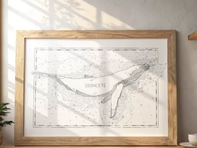 Illustration Odoncete encadree Un poster encadré représentant une carte minimaliste en noir et blanc avec le mot "ODONCETE" au centre, posé sur une étagère en bois, baignée par la lumière naturelle.