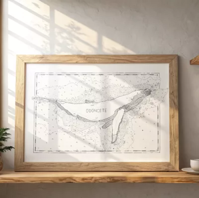 Illustration de carte marine minimaliste intitulée "ODONCETE", encadrée dans un cadre en bois naturel horizontal, posée sur une étagère en bois avec des ombres de fenêtres projetées.