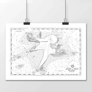  Affiche cartographique fictive “Archipel du Poulpe” en noir et blanc, suspendue par deux pinces sur fond clair 