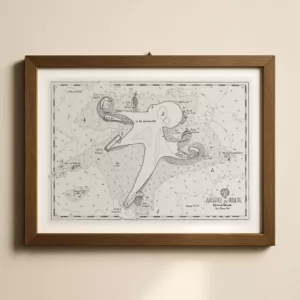 Vue horizontale de l’affiche Archipel du Poulpe encadrée, accroché sur un mur dans un intérieur lumineux