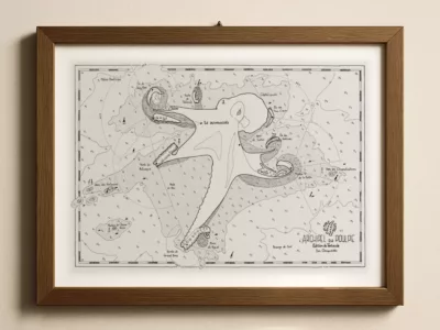 Affiche Archipel du Poulpe – Illustration murale encadrée dans une décoration moderne Illustration poulpe carte marine à l’encre