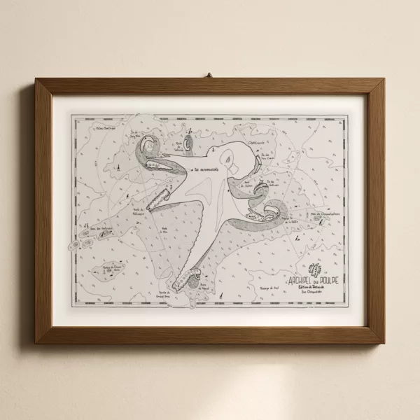Vue horizontale de l’affiche Archipel du Poulpe encadrée, accroché sur un mur dans un intérieur lumineux