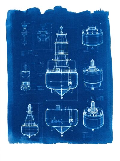 Cyanotype bouée marine — plan technique d'une bouée de signalisation, tirage original fait main
